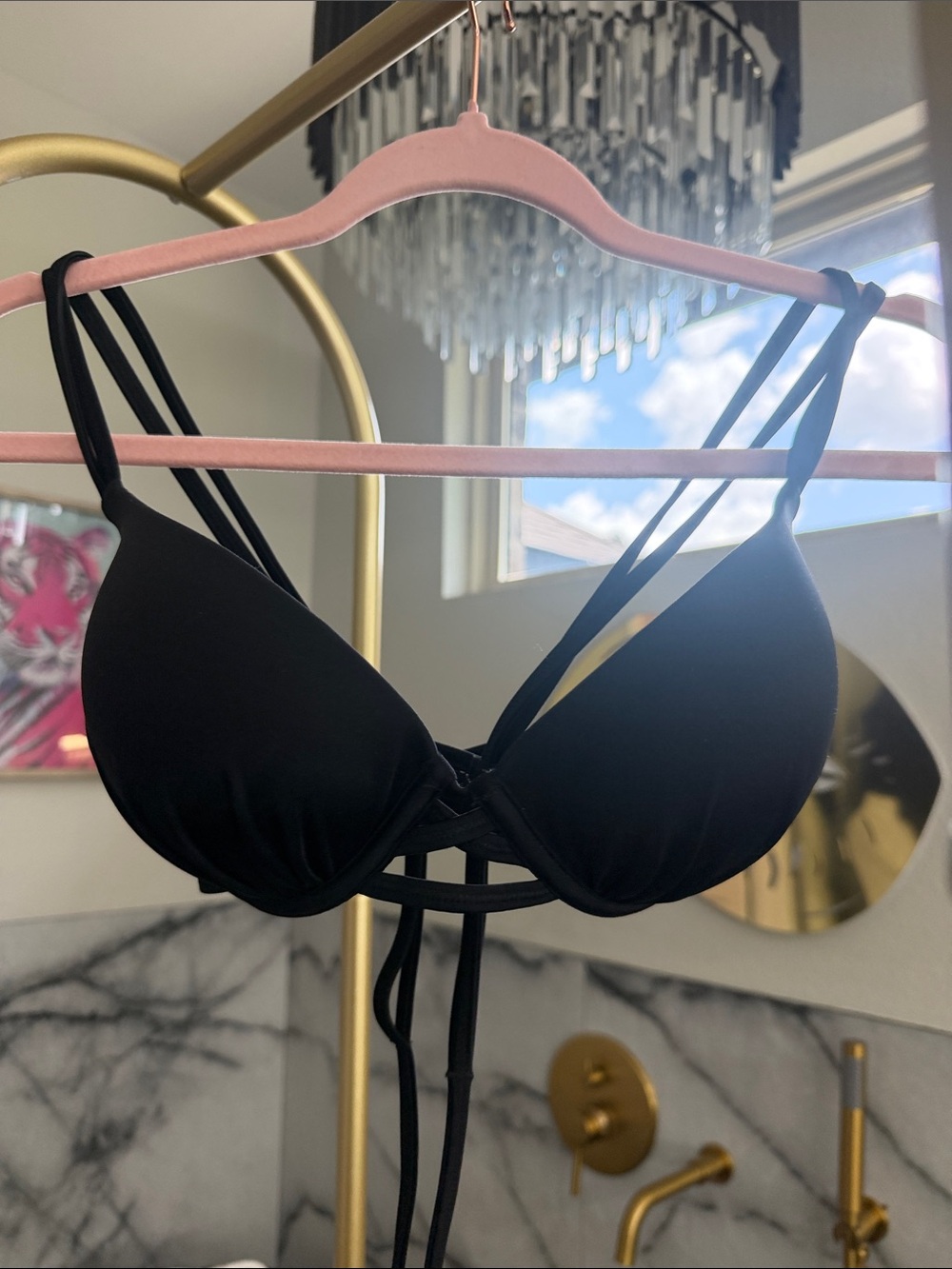 Black Strappy Push-Up Swim Bra - Women Swim Bras